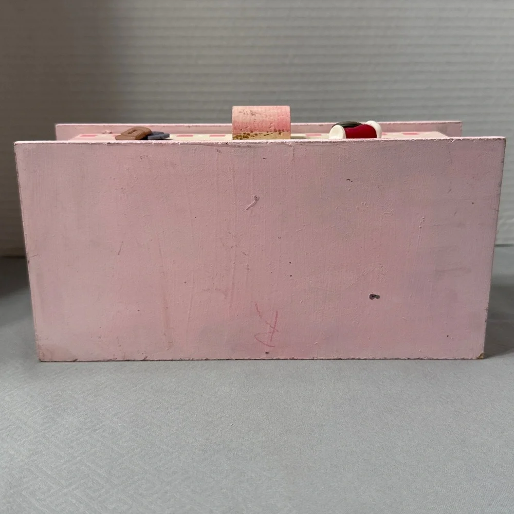 Handmade Pink Sewing Box Trinket Organizer with Drawer Teddy Bear Pin Cushion